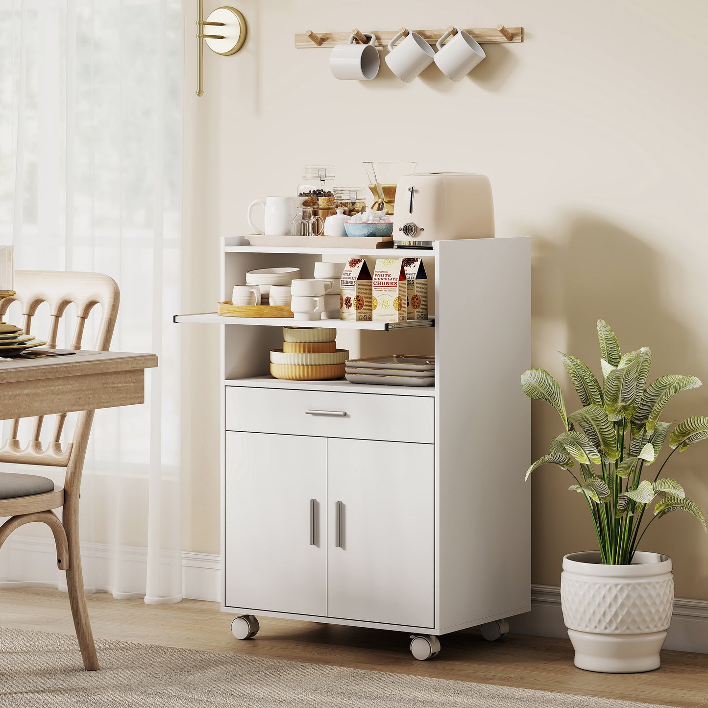 Kitchen Trolley with Wheels, Modern Mobile Microwave Stand with Slide-Out Shelf, Drawer and 2 Doors for Dining Room