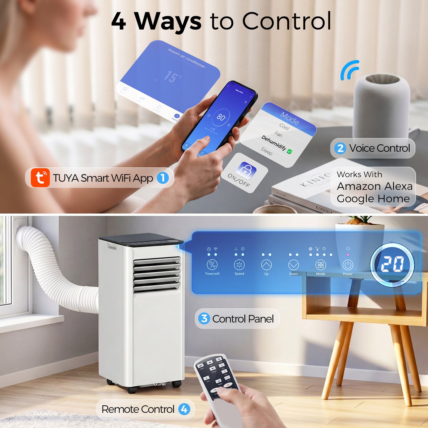 Portable Air Conditioner 9000 BTU, 4-in-1 AC Unit with Cool, Dehumidifier, Fan, Sleep Mode, WiFi Voice Remote Control