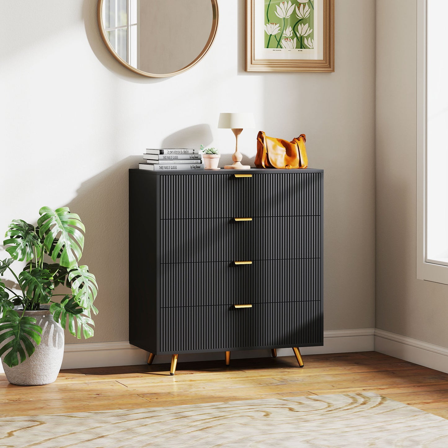 Elegant Four-Drawer Bedside Table - Black