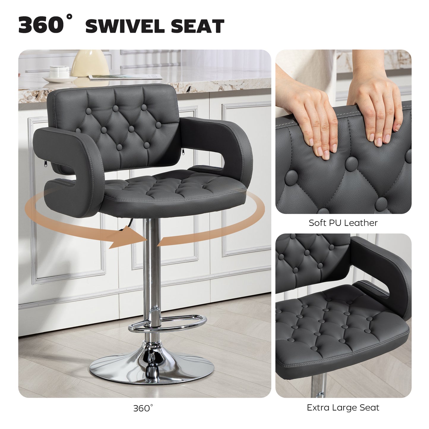 PU Leather Upholstered Swivel Bar Stool, Height Adjustable with Back, Armrest, Footrest, Grey