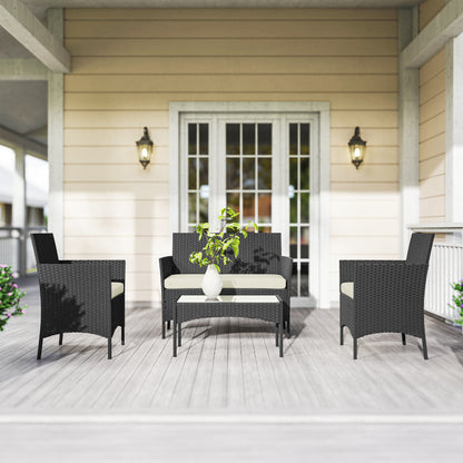 4 Piece Rattan Garden Furniture Sofa Set with Loveseat, Armchairs, Glass-Top Coffee Table and Cushions, Cream White