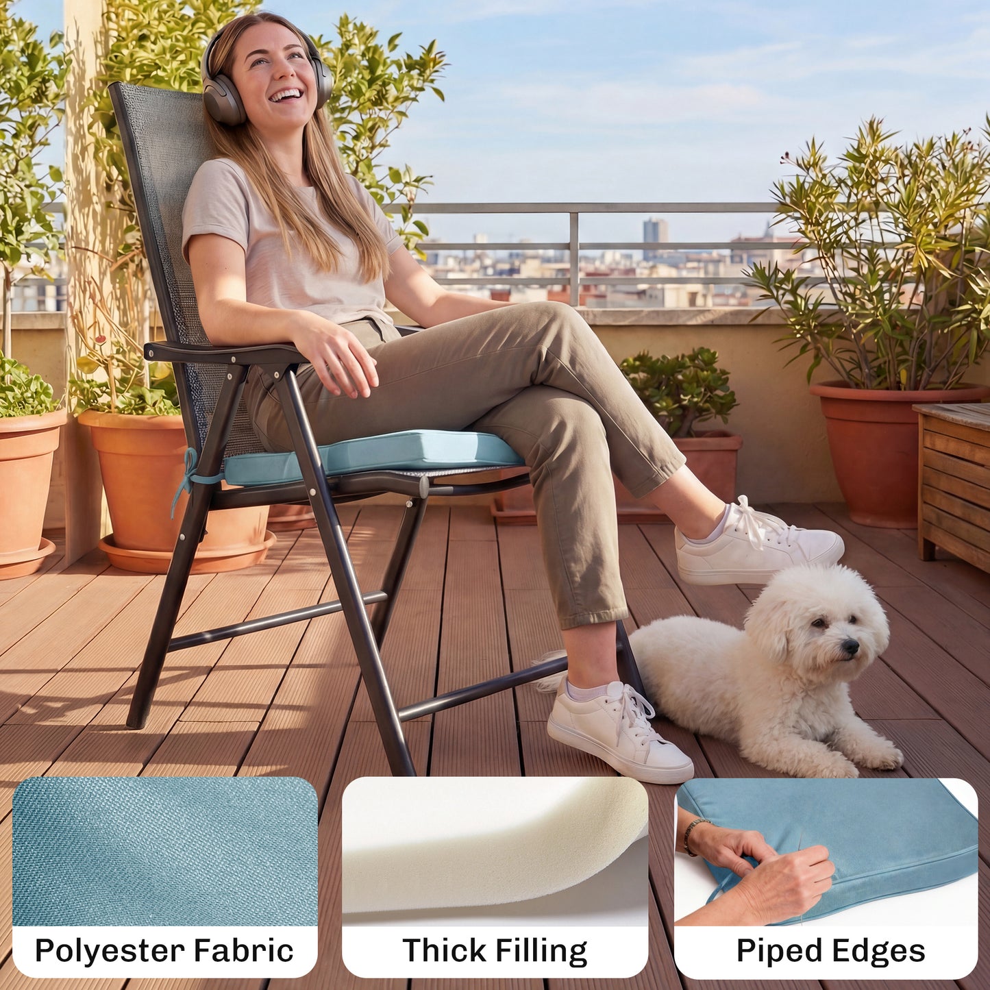 Set of 6 Chair Cushion Seat Pads Dining Chair w/ Straps, Indoor Outdoor Removable Tie On Garden Patio, Light Grey