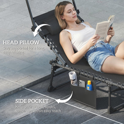 Folding Sun Loungers Set of 2 with Canopy, Reclining Sunbed with Cushion, Side Pocket, Carrying Handle, Dark Blue