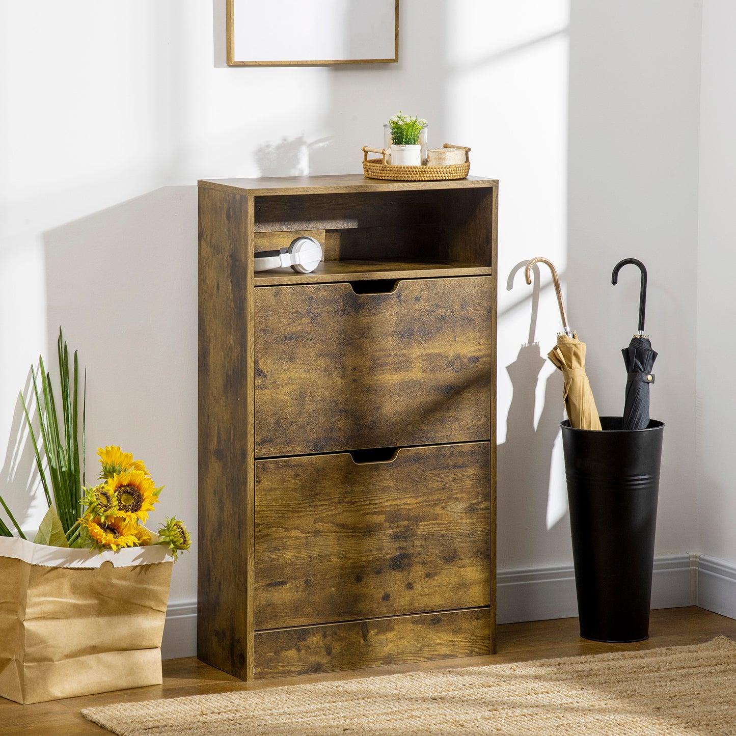 Shoe Cabinet with 2 Flip Doors, Slim 2-Drawer Shoe Cupboard with Adjustable Divider and Open Compartment for 12 Pairs of Shoe