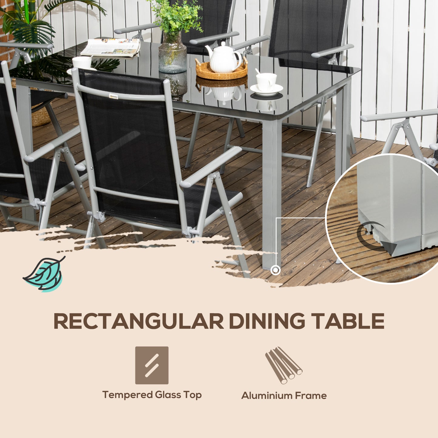 7 Piece Garden Dining Set, Outdoor Table and 6 Folding and Reclining Chairs, Aluminium Frame, Tempered Glass Top Table