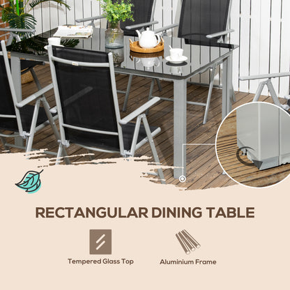 7 Piece Garden Dining Set, Outdoor Table and 6 Folding and Reclining Chairs, Aluminium Frame, Tempered Glass Top Table