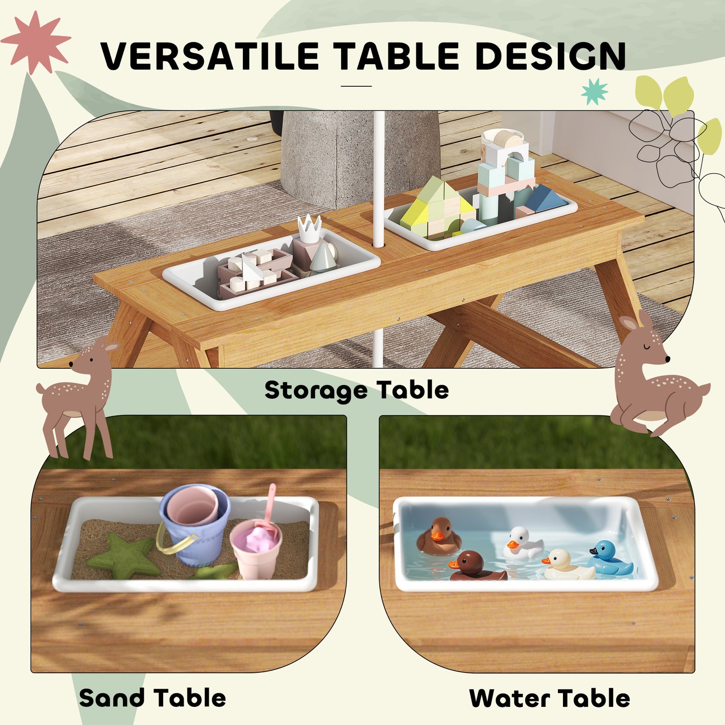 Kids Picnic Table, Sand and Water Table with Wooden Benches, Adjustable Parasol and Storage Bins, Multicolour