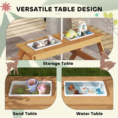 Kids Picnic Table, Sand and Water Table with Wooden Benches, Adjustable Parasol and Storage Bins, Multicolour