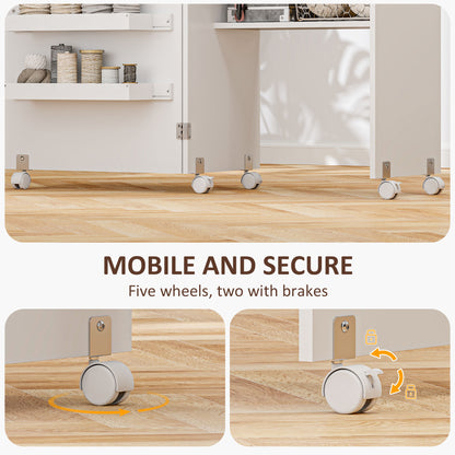 Folding Sewing Table, Drop Leaf Craft Table with Storage Bins, Open Shelf and Wheels
