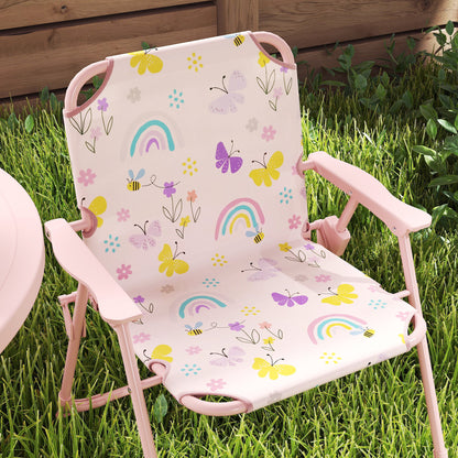 4-Piece Kids Garden Table and Chair Set with Adjustable Parasol, Folding Chairs, Table, Rainbow Pattern, Pink