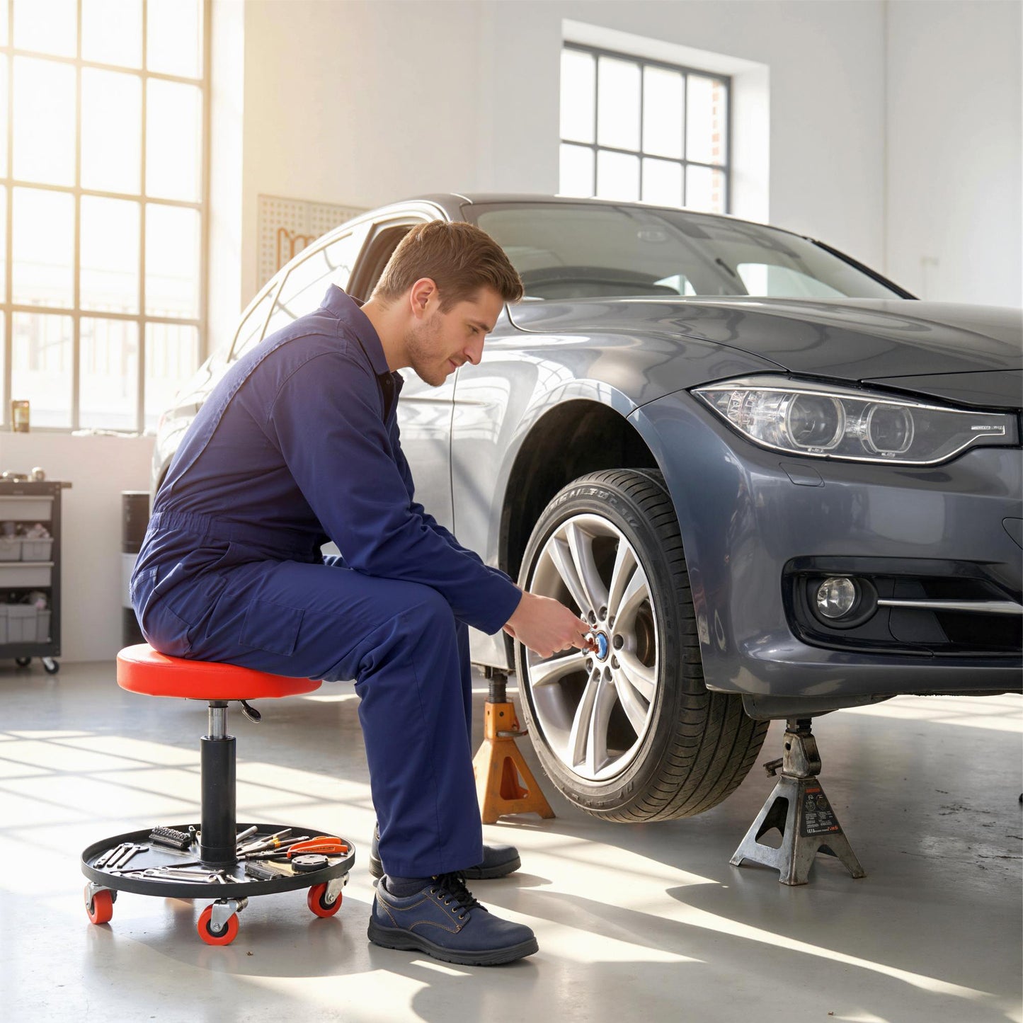 Rolling Mechanical Stool, Pneumatic Adjustable Workshop Stool with Tool Tray, Wheels - Orange