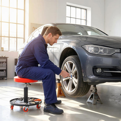 Rolling Mechanical Stool, Pneumatic Adjustable Workshop Stool with Tool Tray, Wheels - Orange