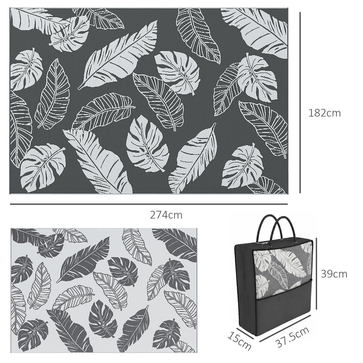Plastic Straw Reversible RV Outdoor Rug with Carry Bag, 182 x 274cm, Grey and White