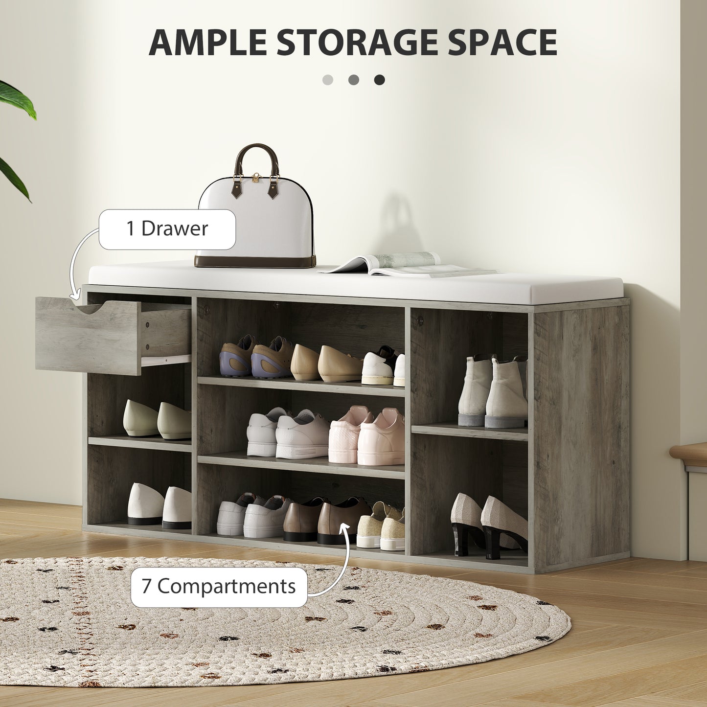 Shoe Storage Bench with Cushion - Grey