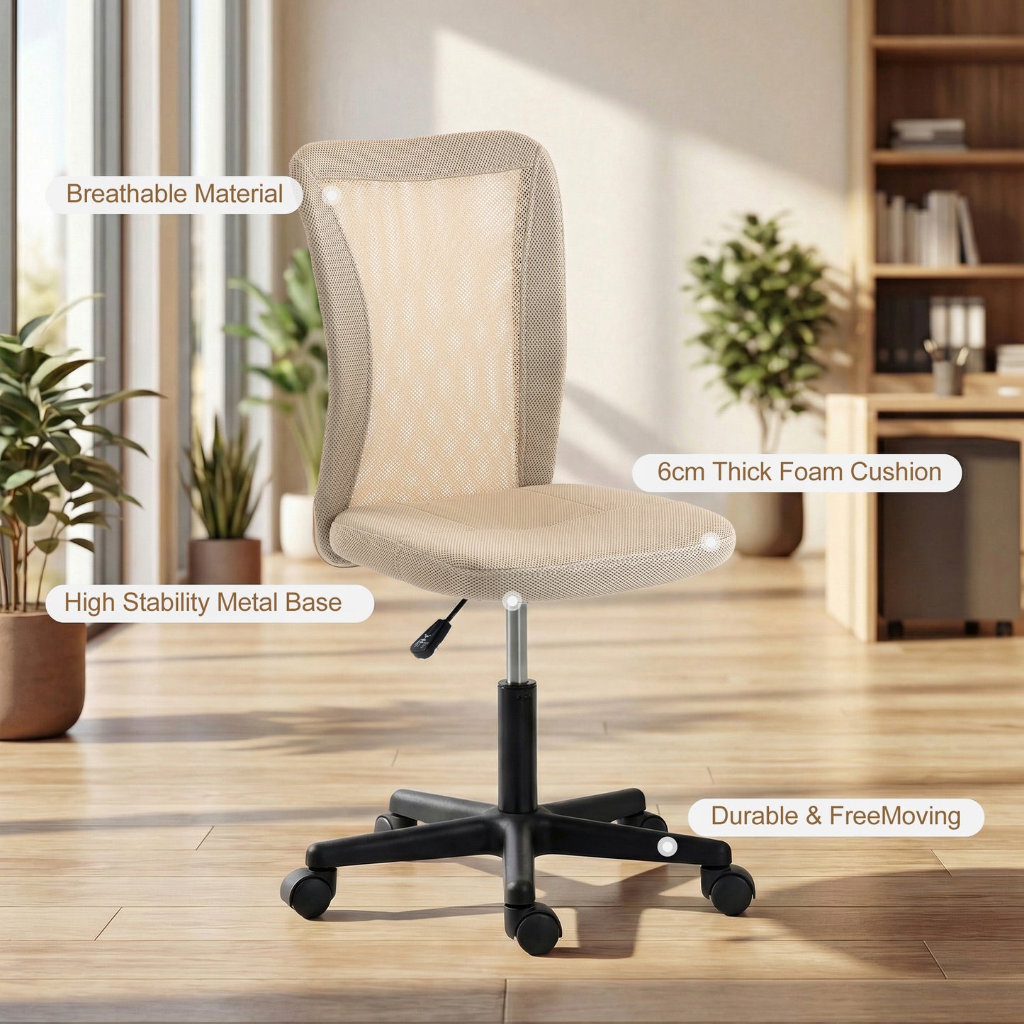 Computer Desk Chair, Mesh Office Chair with Adjustable Height and Swivel Wheels, Armless Study Chair, Beige