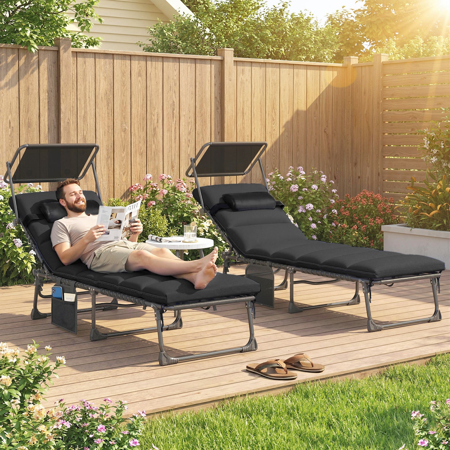 Folding Sun Loungers Set of 2 with Canopy, Reclining Sunbed with Cushion, Side Pocket, Carrying Handle, Black