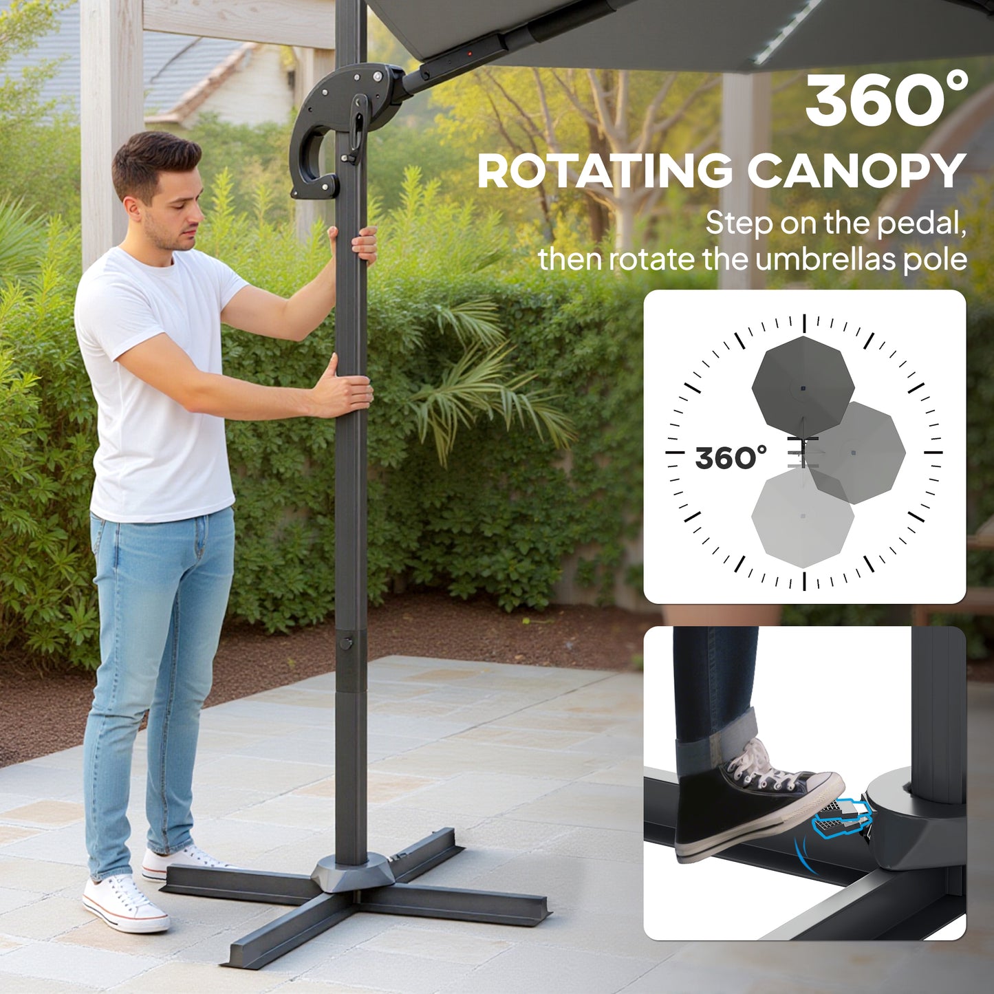 3(m) Cantilever Garden Parasol with Solar Powered Lights, Crank Handle & Cross Base, UPF 50+, 360° Rotation, Dark Grey