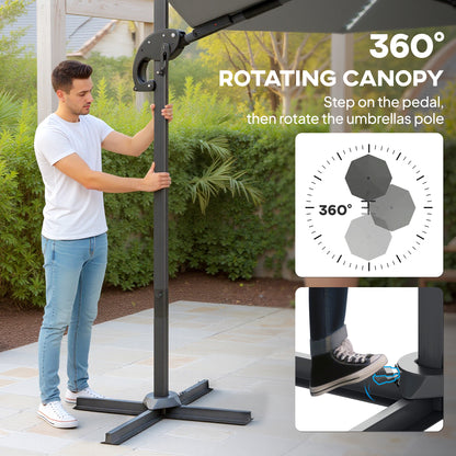 3(m) Cantilever Garden Parasol with Solar Powered Lights, Crank Handle & Cross Base, UPF 50+, 360° Rotation, Dark Grey