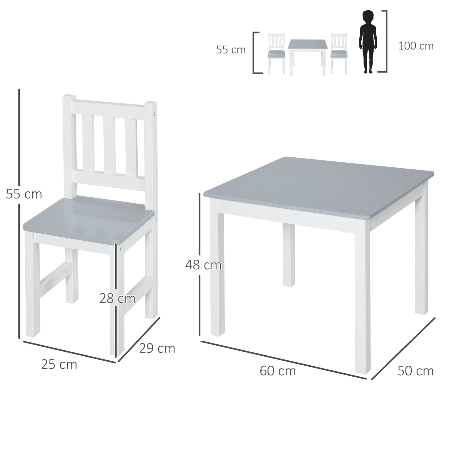 Kids Table and Chair Set 3 Pieces Toddler Preschoolers Desk with 2 Chairs for Indoor Study Rest Snack Time Grey