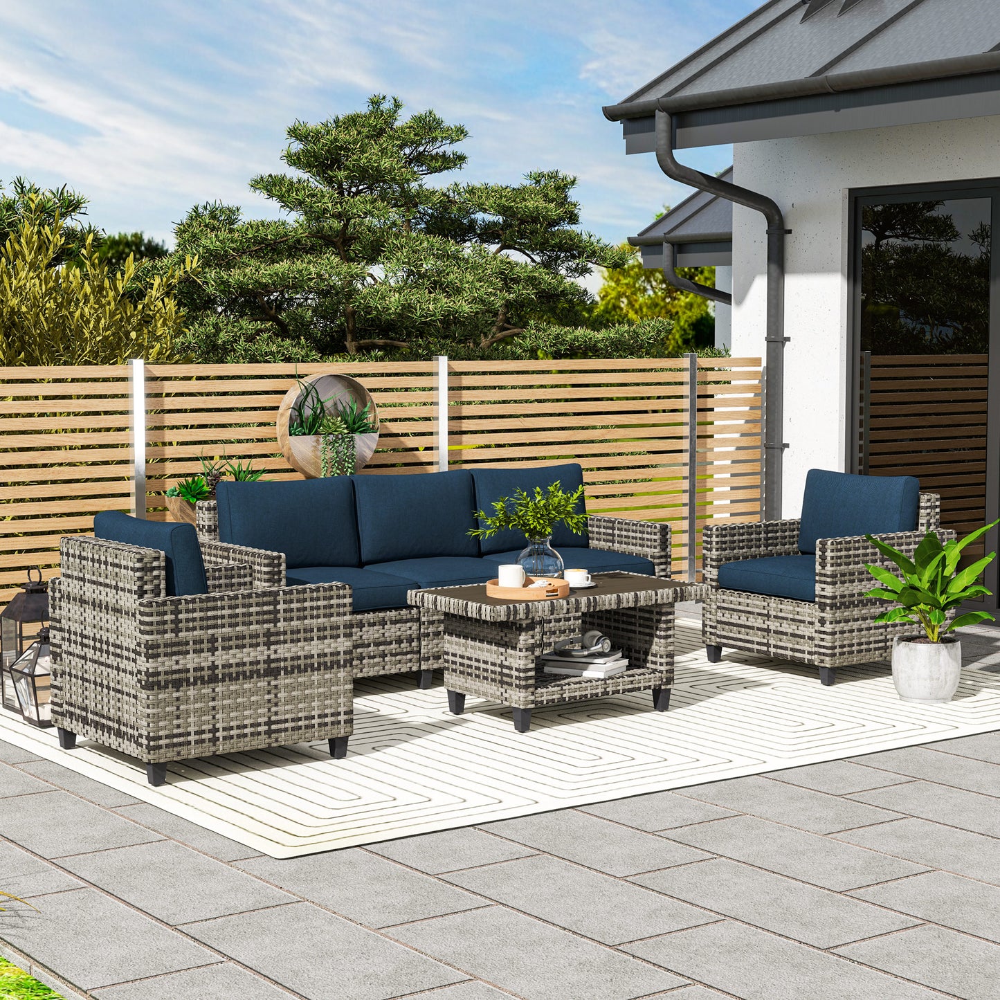 Six-Piece Modular Rattan Sofa Set - Navy Blue