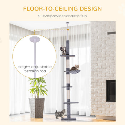 Floor to Ceiling Cat Tree 230-260cm Height Adjustable, 5-Tier Cat Tower with Scratching Posts, Hammock, Perches