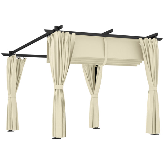 3 x 3 m Retractable Roof Pergola, with Curtains - Beige