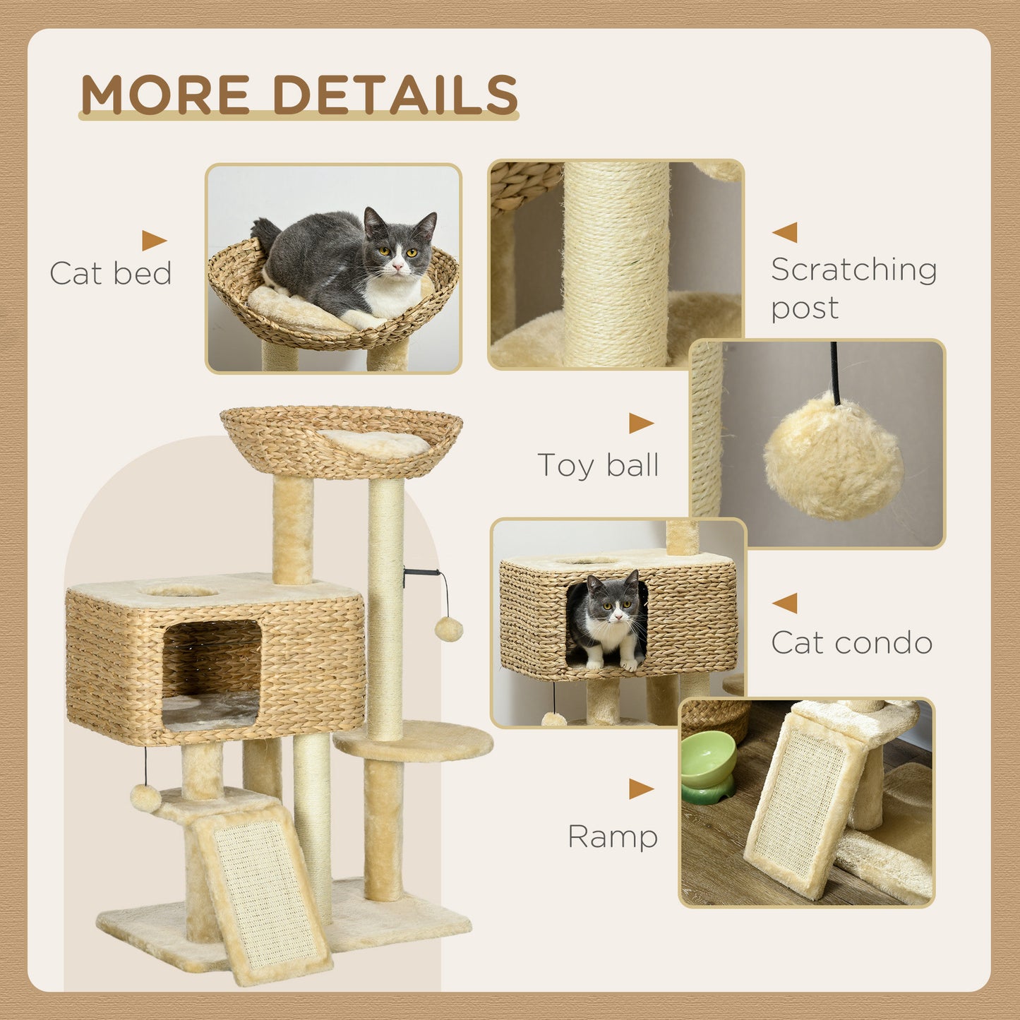 95cm Cat Tree Tower for Indoor Cats, with Scratching Post, Cat House, Toy Ball, Platform - Beige