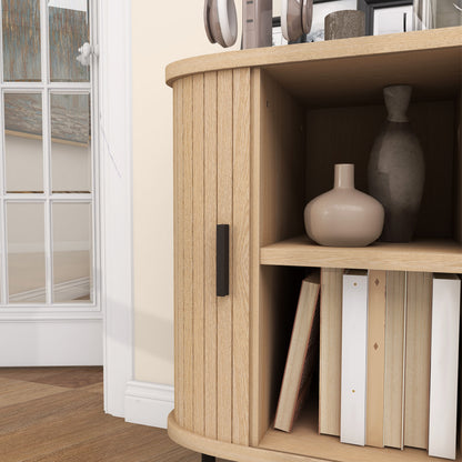 Mid-Century Modern Sideboard Storage Cabinet with Slatted Tambour Sliding Doors, Kitchen Cabinet with Steel Legs, Oak Tone