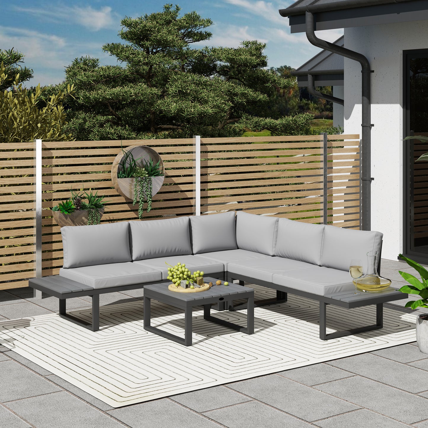 4 Pieces Garden Furniture Set, 5-Level Reclining Garden Corner Sofa Set, Outdoor Lounge Conversation Sectional with Cushions