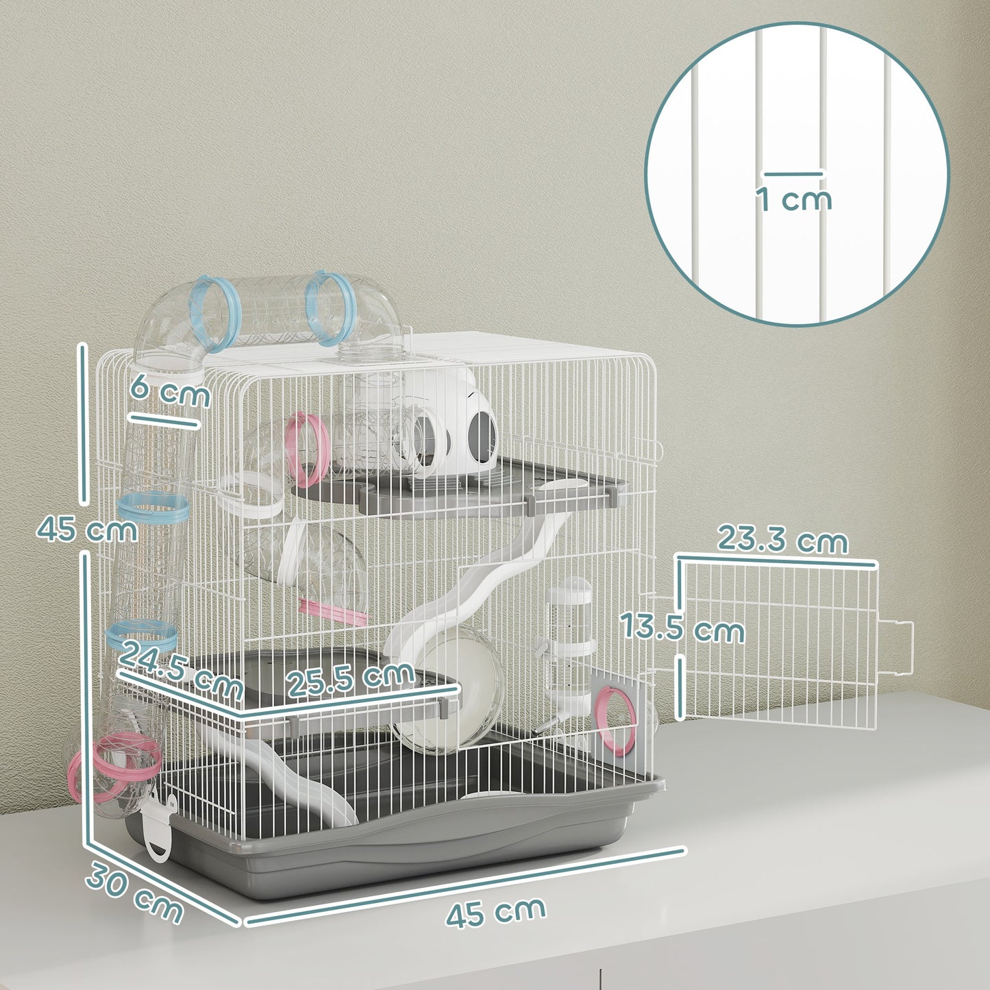 3-Tier Hamster Cage with Exercise Wheels, Water Bottle, Food Dish, for Dwarf Hamsters, 45 x 30 x 45 cm, Grey