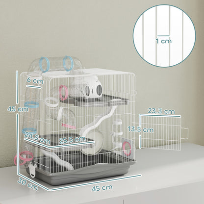 3-Tier Hamster Cage with Exercise Wheels, Water Bottle, Food Dish, for Dwarf Hamsters, 45 x 30 x 45 cm, Grey