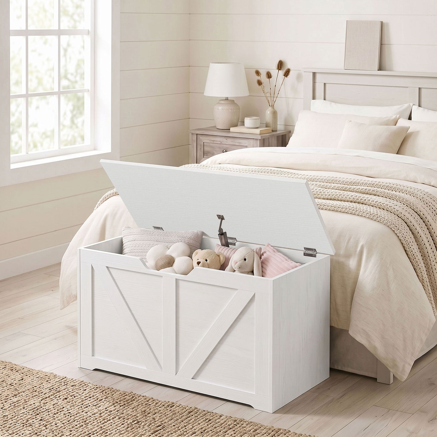 100L Home Storage Box, with Safety Hinge - White Wood-Effect