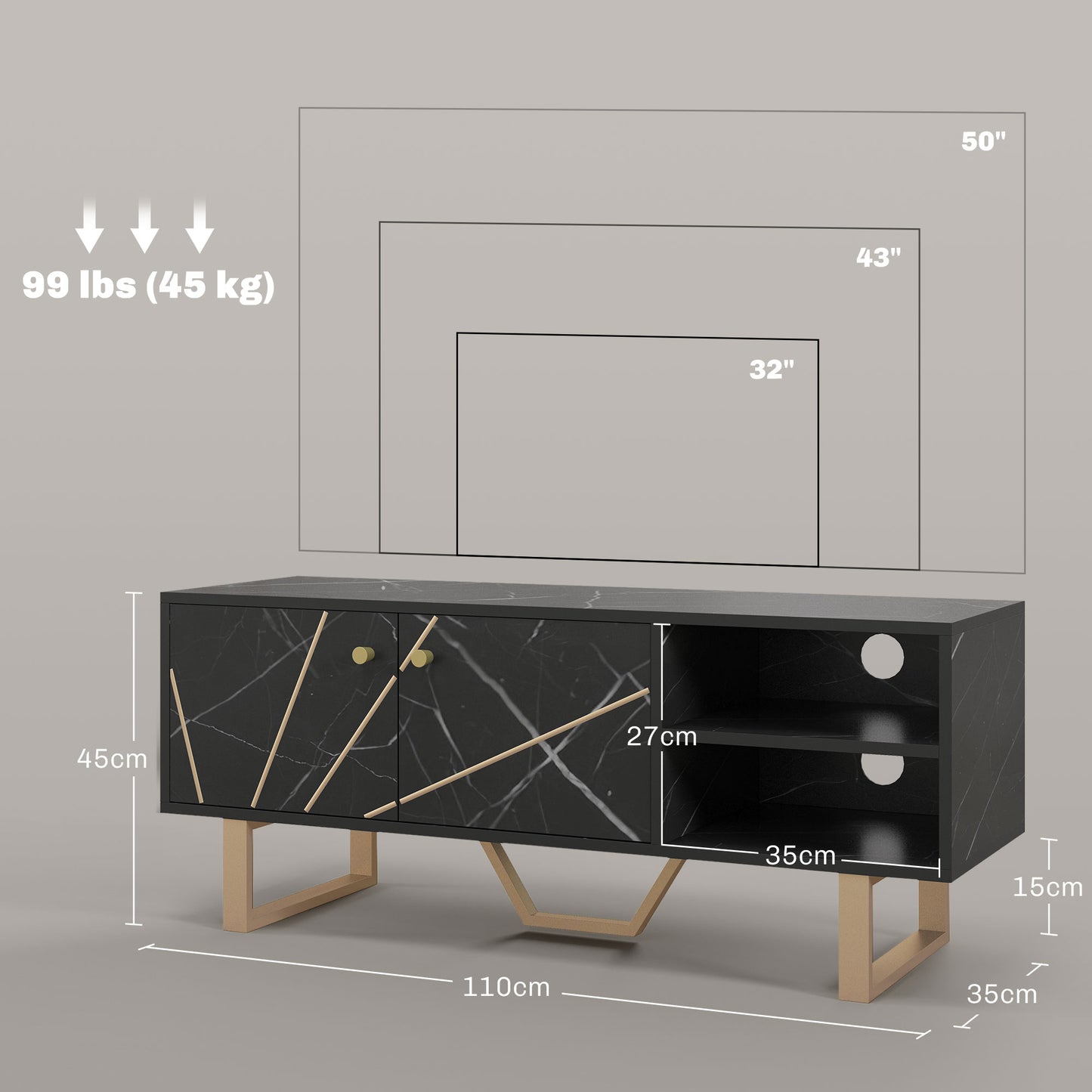 TV Stand Cabinet for TVs up to 50 Inches, TV Unit with Storage Shelves and Cupboard for Living Room, Black Marble Tone