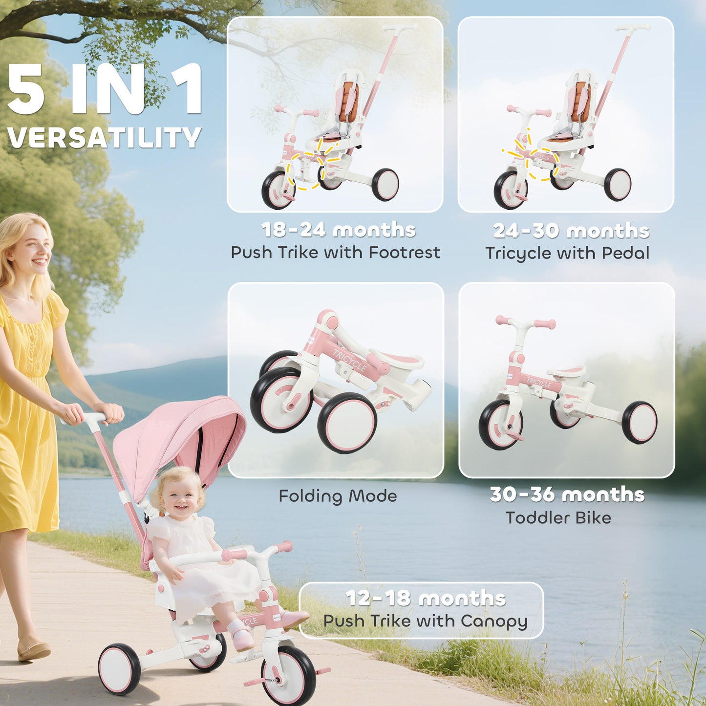 5 in 1 Kids Trike with Adjustable Backrest, Toddler Tricycle with Push Handlebar, Adjustable Backrest, Pink
