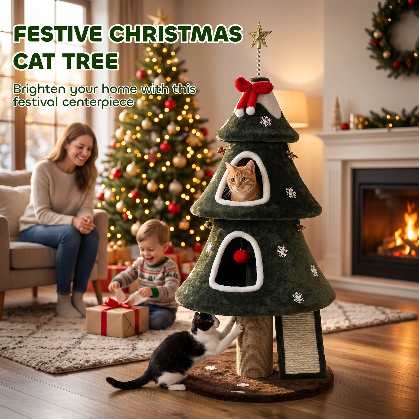 Cat Tree, Christmas Cat Tower with Dual Condos, Sisal Ladder, Jute Posts, Anti-Tip Rope, Hanging Balls, 60 x 60 x 132 cm