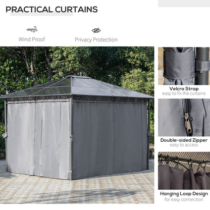3 x 3.6m Hardtop Gazebo Canopy with Polycarbonate Roof, Permanent Pavilion Garden Gazebo with Curtains for Patio, Deck, Grey