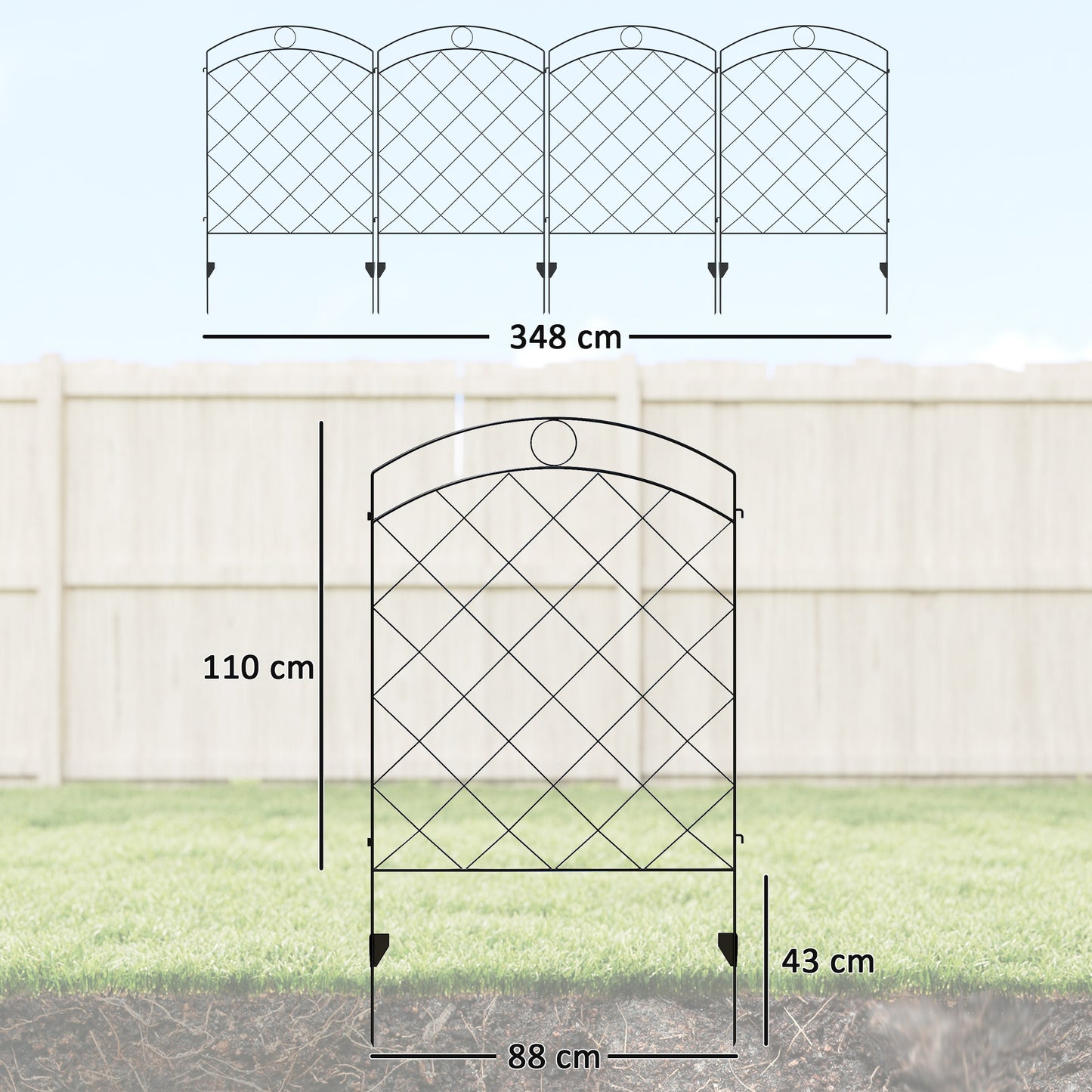Steel Decorative Outdoor Picket Fence Panels Set of 4, Black