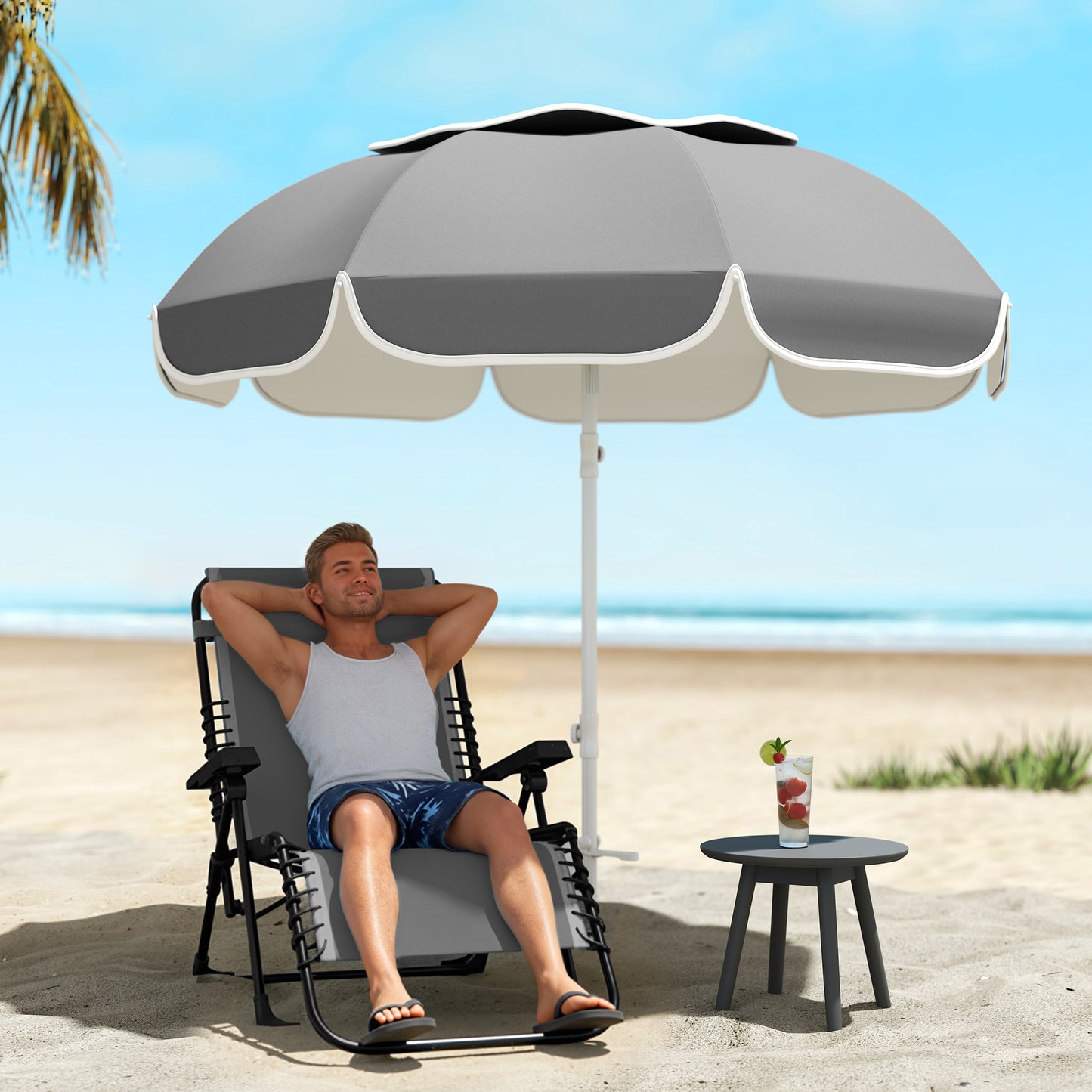 Beach Umbrella Portable with Sand Anchor, Carry Bag, Adjustable Height & Tilt, UPF50+ UV Protection, Grey