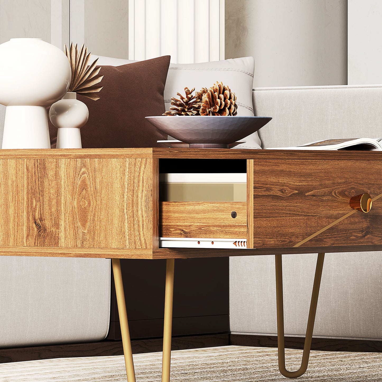 Coffee Table with Storage, Living Room Table with Drawers, Rectangular Tea Table with Steel Base for Home, 100 x 50 x 41 cm