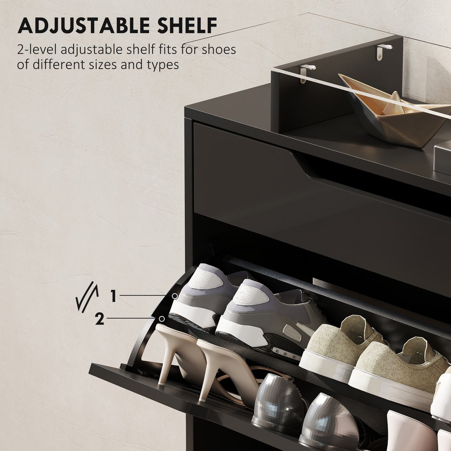 Shoe Storage Cabinet with Slide Out Drawer, 2 Flip Doors, Tempered Glass Top - Black