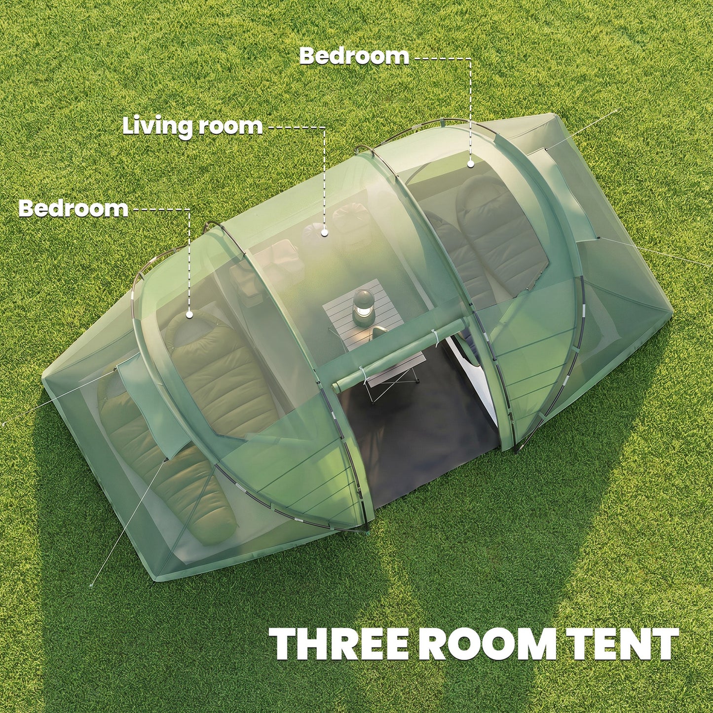 4 Man Camping Tent, UV Protection Tunnel Tent with 2 Bedrooms and Living Area, Large Hiking Sun Shelter, 430 x 240 x 170 cm
