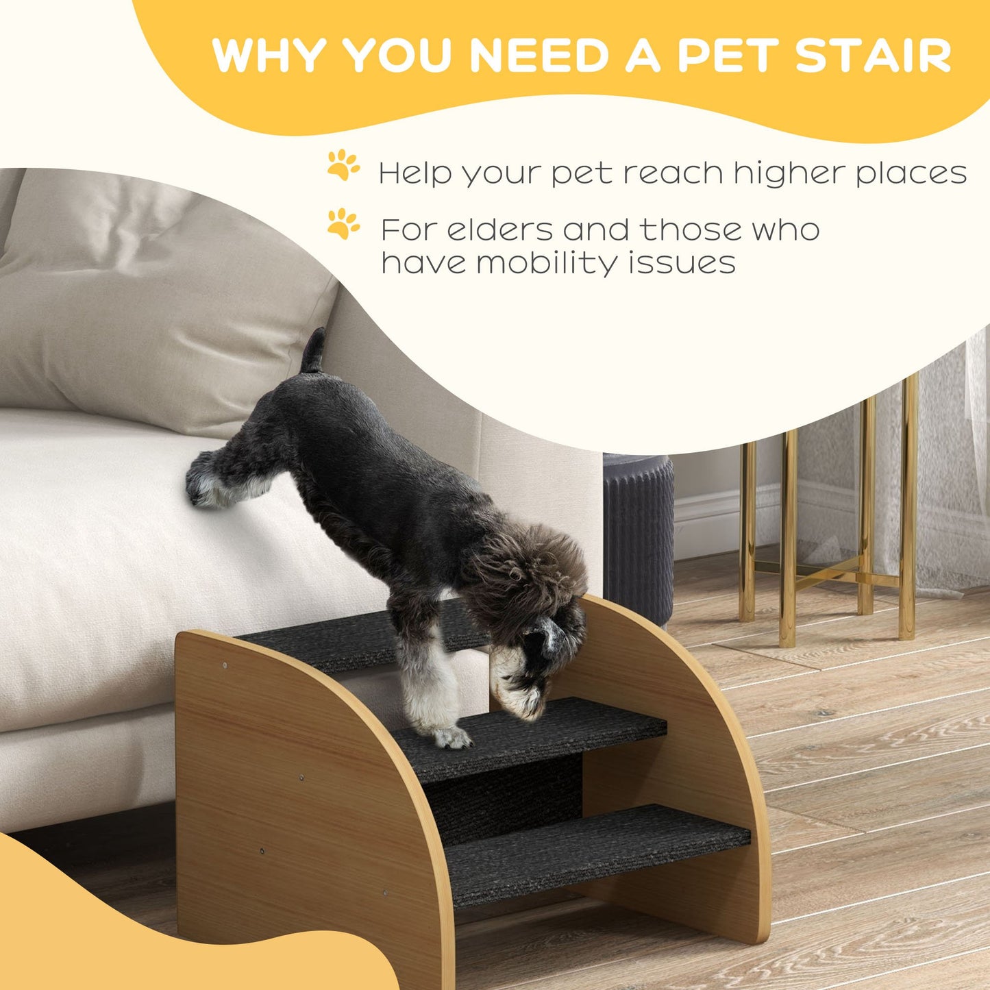 Dog Steps for Sofa and Bed, 3-Step Dog Stairs, Pet Stairs with Side Panels, Non-Slip Feet for Small Puppies