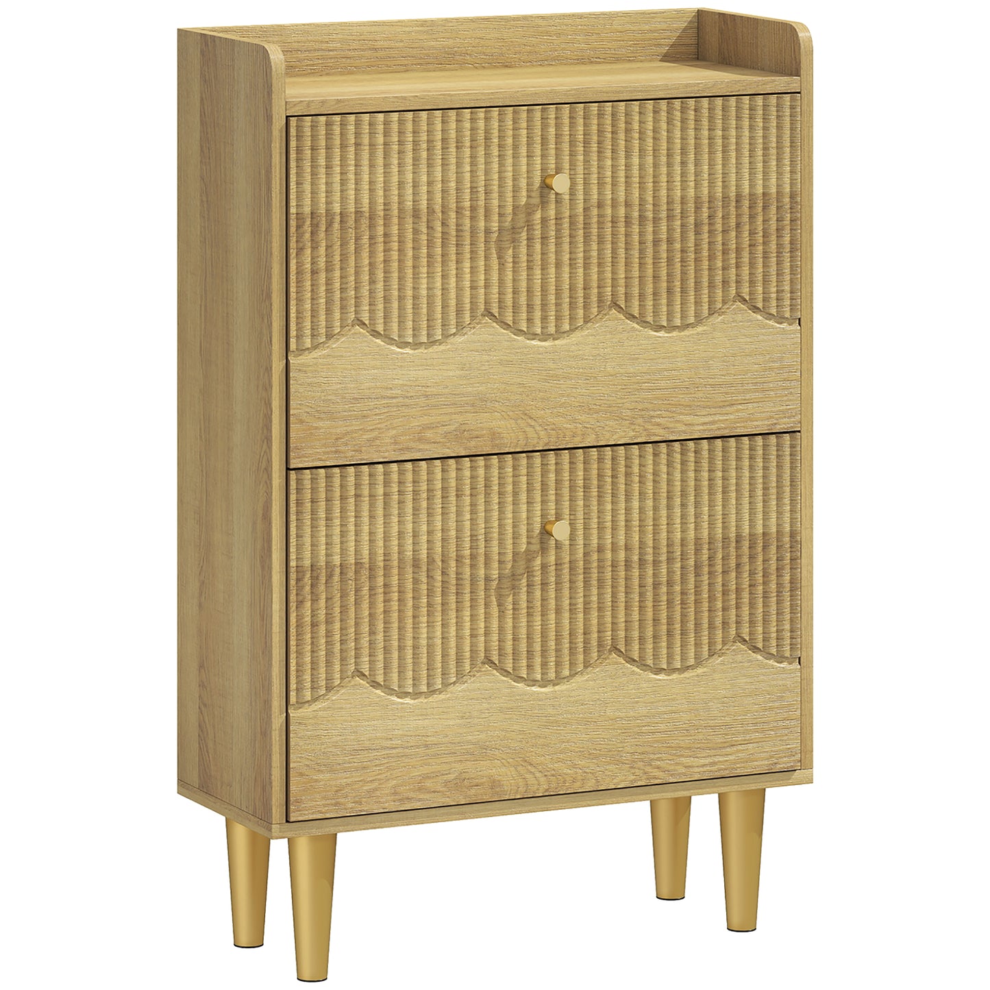 Narrow Shoe Cabinet, Modern Shoe Storage Cabinet with 2 Flip Drawers, Oak