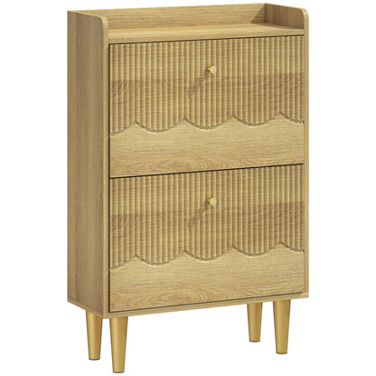 Narrow Shoe Cabinet, Modern Shoe Storage Cabinet with 2 Flip Drawers, Oak