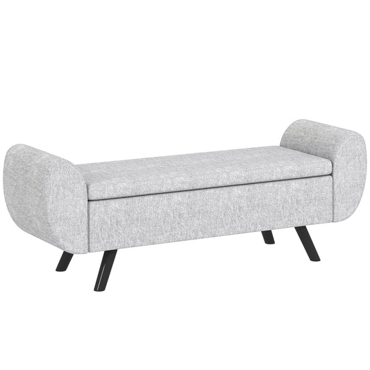 Storage Ottoman with Armrest, Window Seat, Upholstered Linen Storage Bench with Rubberwood Legs