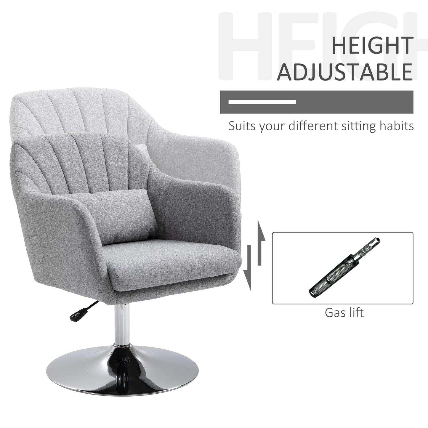 Swivel Accent Chair, Linen Fabric Tub Vanity Chair, Modern Armchair with Adjustable Height and Lumbar Support for Living Room