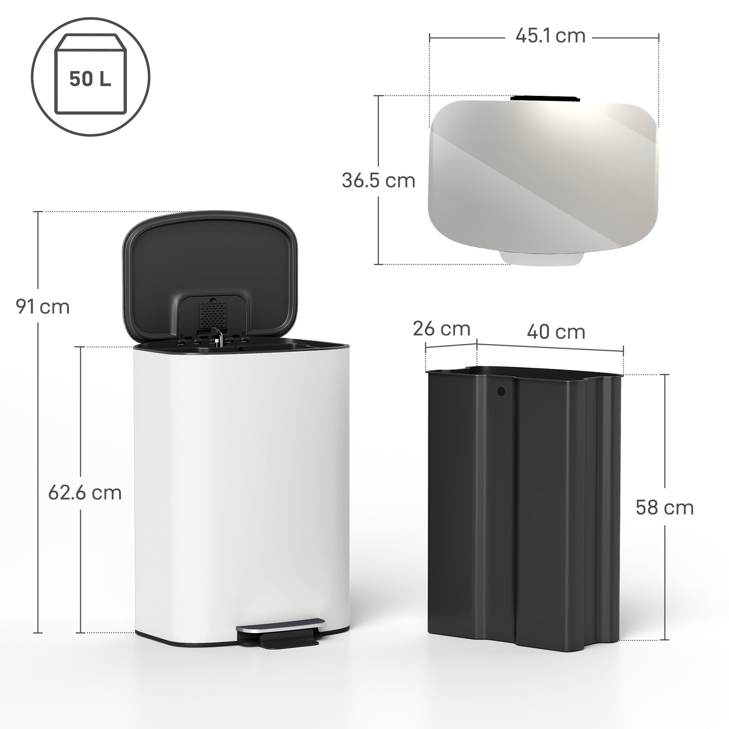 50L Kitchen Bin with Soft-Close Lid and Stay-Open Function, Stainless Steel Pedal Bin with Removable Inner Bucket