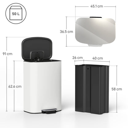 50L Kitchen Bin with Soft-Close Lid and Stay-Open Function, Stainless Steel Pedal Bin with Removable Inner Bucket
