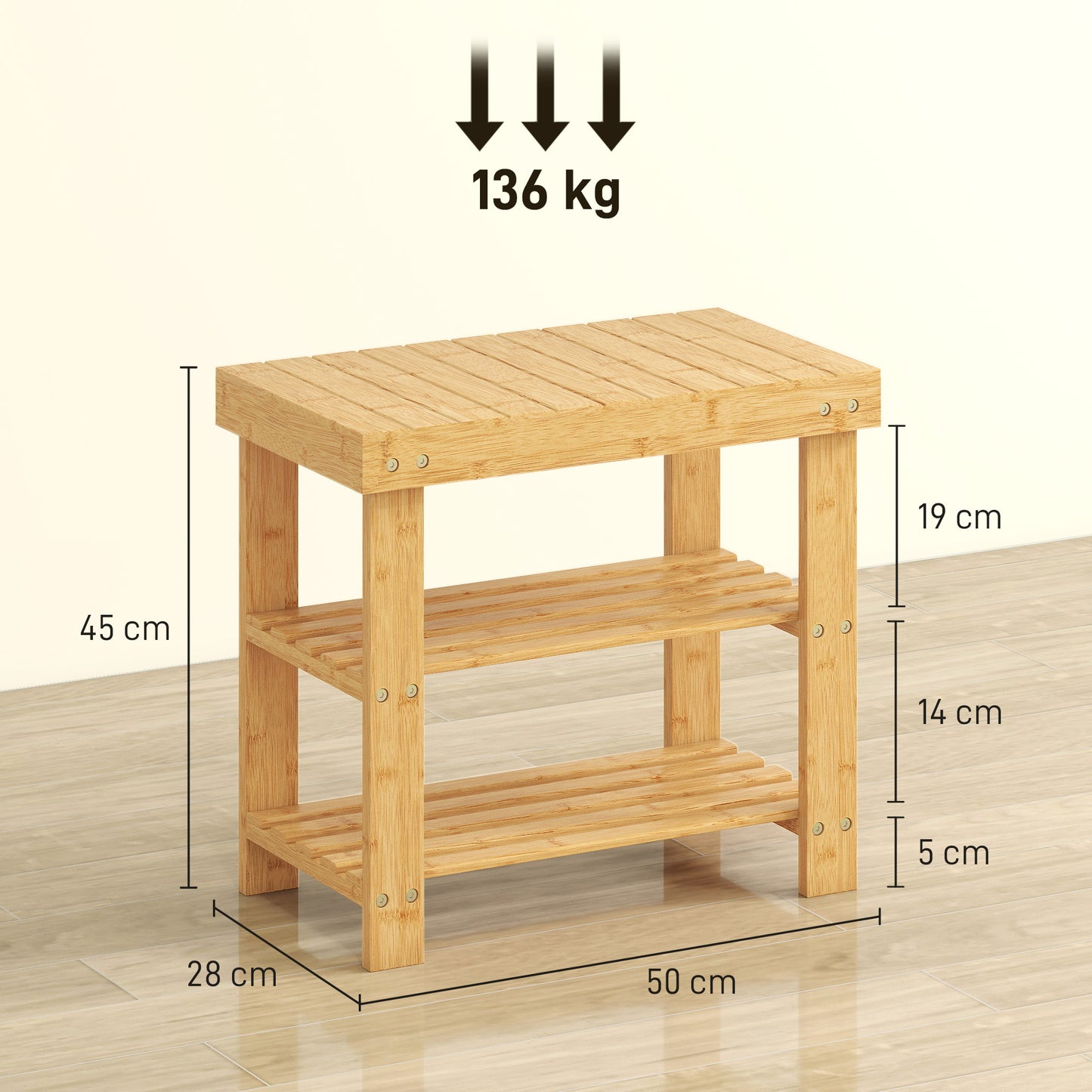 Two Shelf Bamboo Shoe Storage Bench - Natural Finish