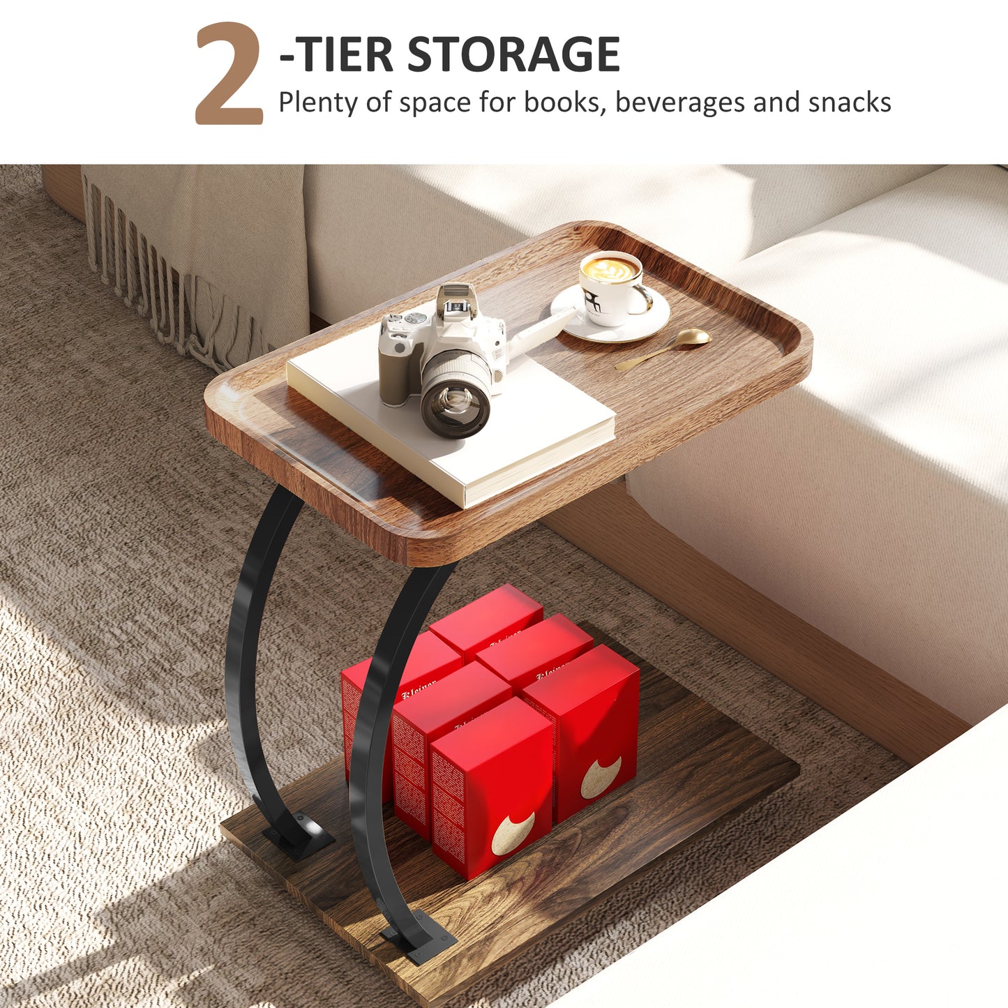 2-Tier Mobile C-Shaped Side Table - Brown